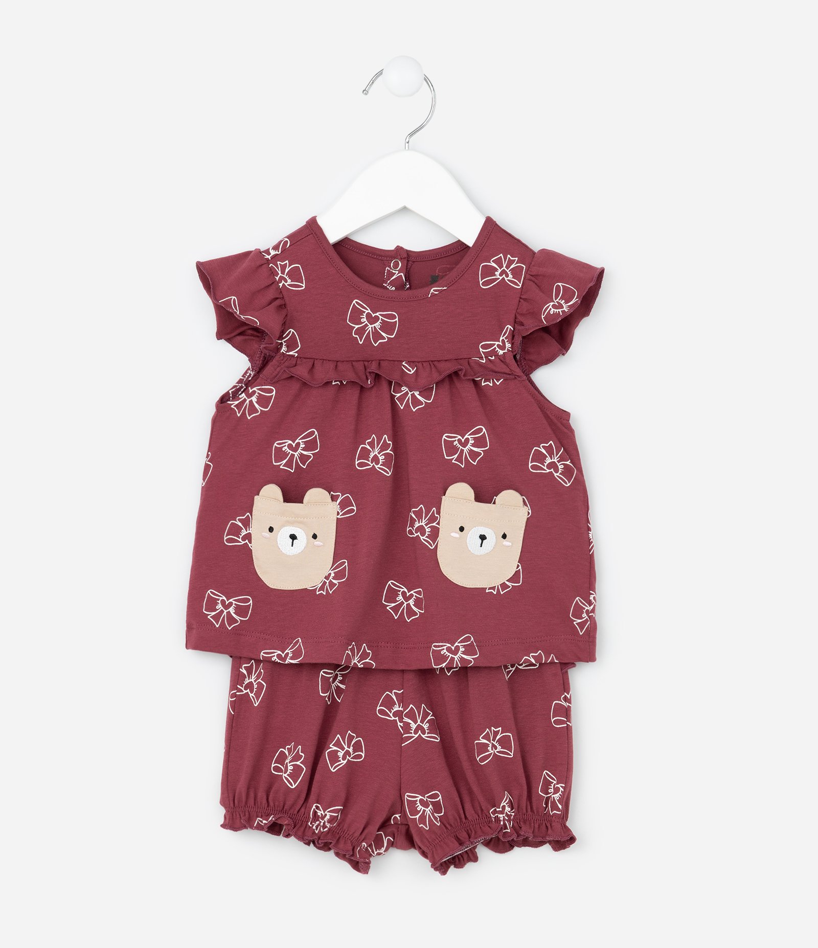 Conjunto Infantil Bata com Bolsinhos e Estampa De Laços – Tam RN A 18 Meses Vinho 1