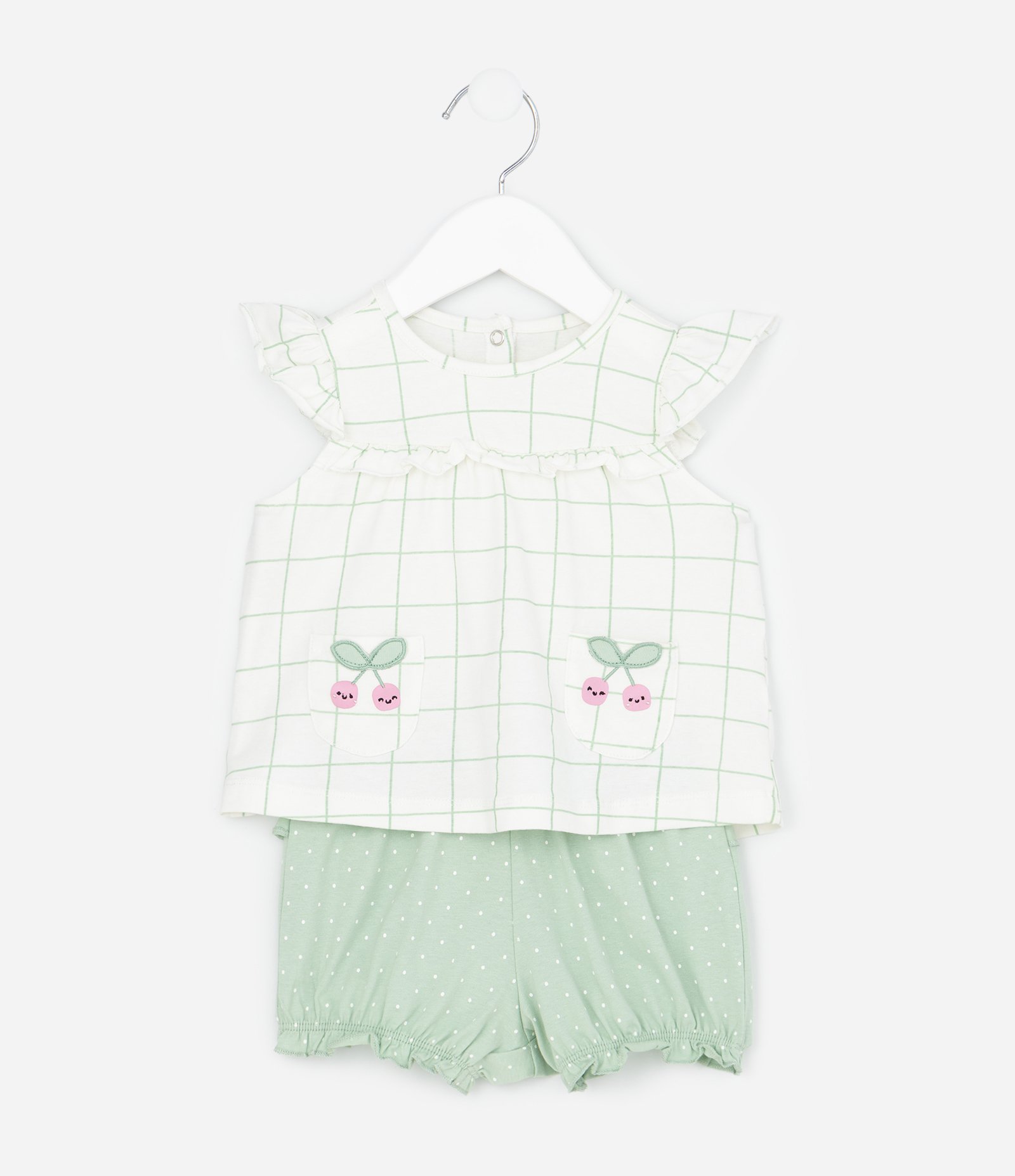 Conjunto Infantil com Bata e Bermuda Estampada e Bordado de Cerejinhas - Tam RN a 18 Meses Verde Pastel 1