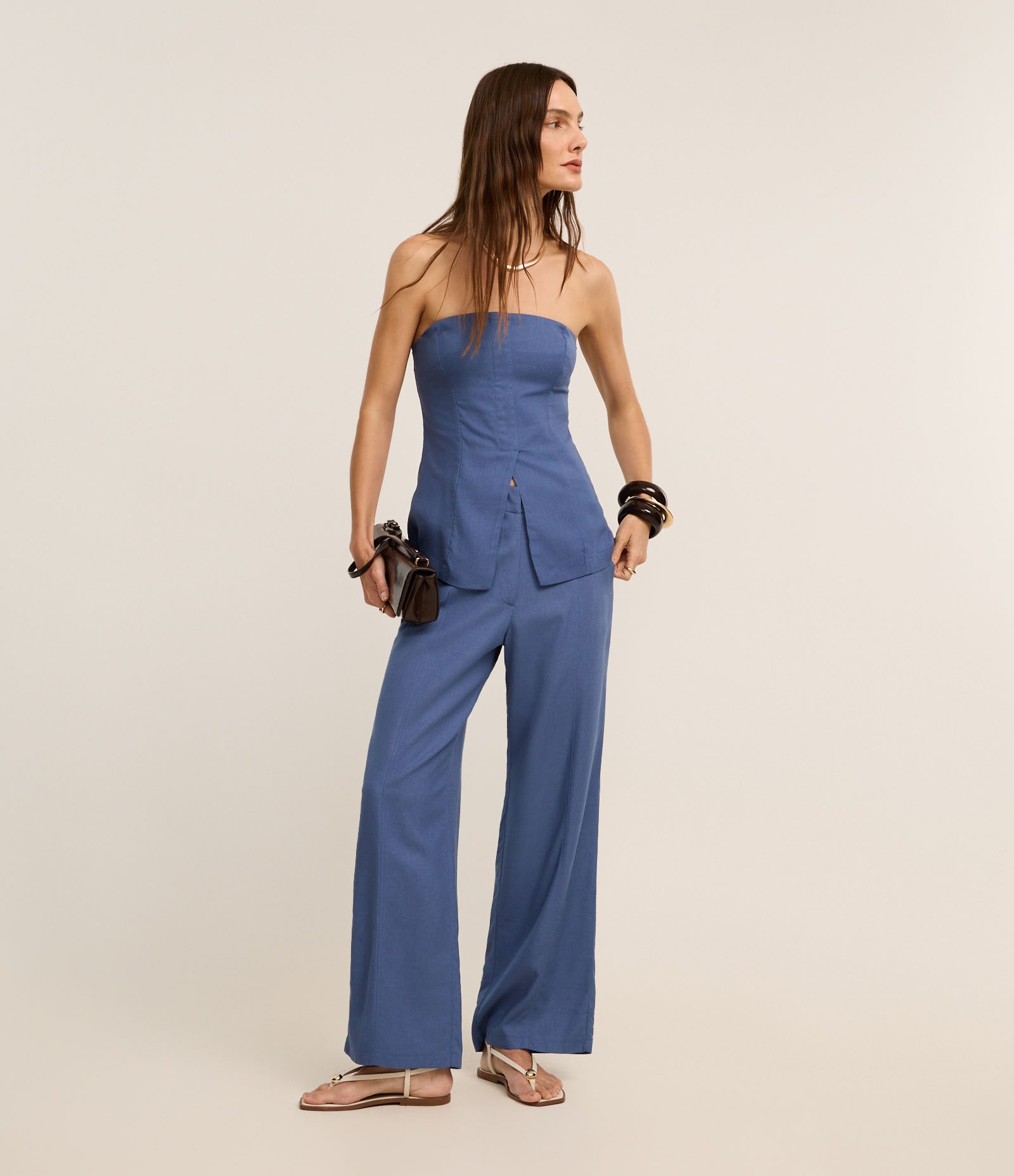 Calça Balloon Cintura Alta em Viscolinho com Azul Denim 1