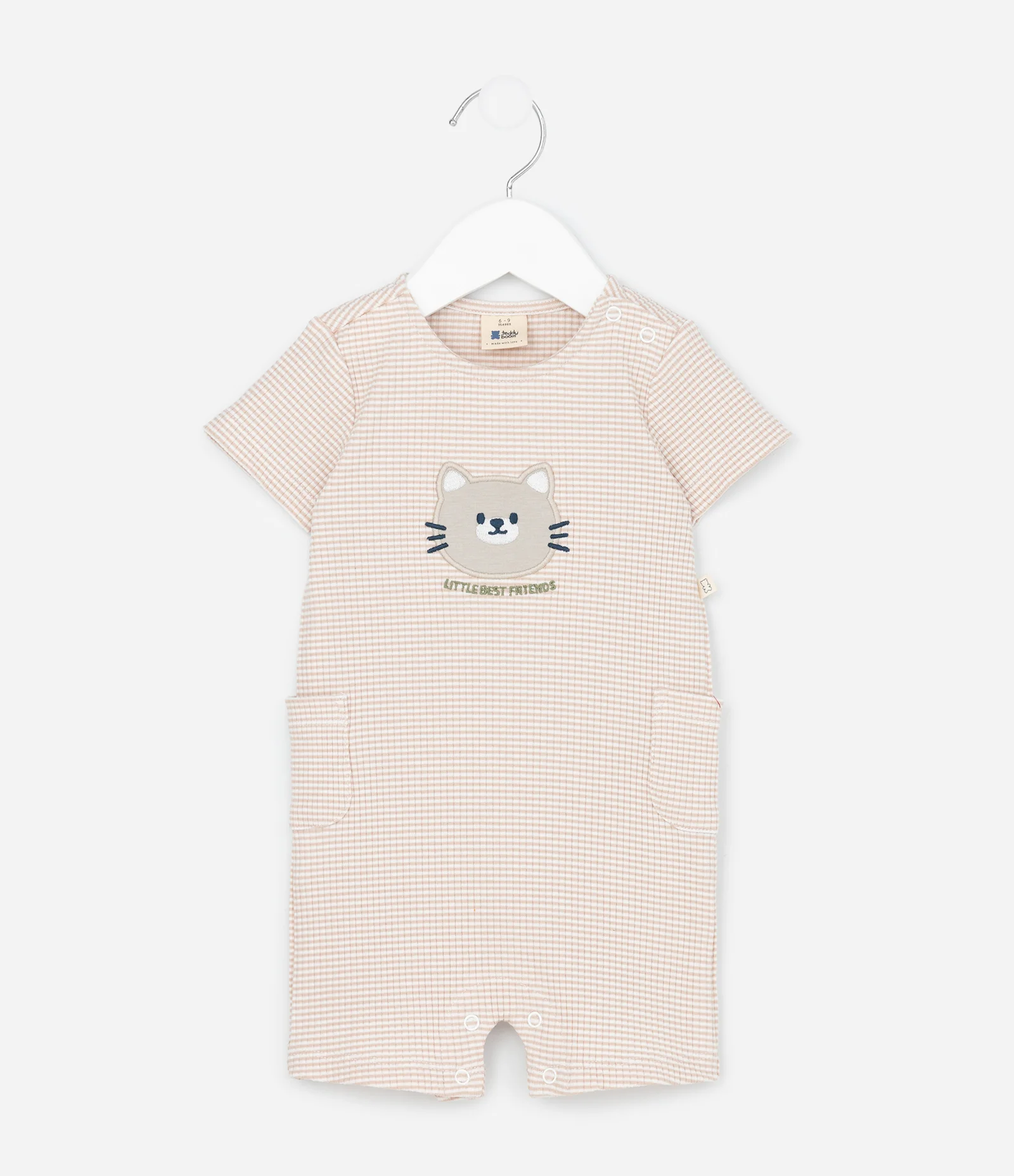 Macaquinho Infantil Canelado com Bordado de Gatinho – Tam 0 a 18 Meses Bege Claro 1