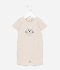 Macaquinho Infantil Canelado com Bordado de Gatinho – Tam 0 a 18 Meses