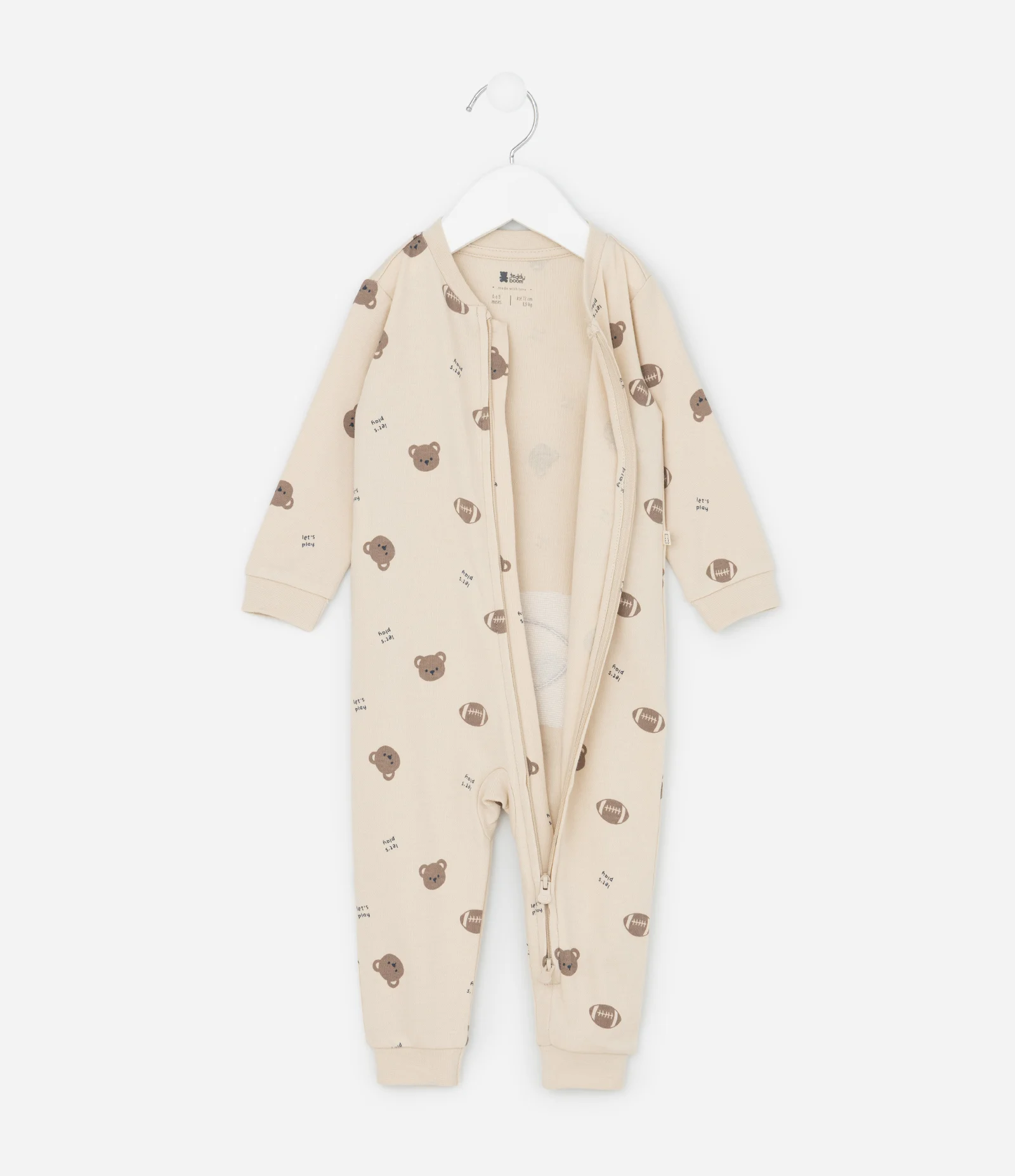 Macacão Infantil Manga Longa com Bordado no Bumbum – Tam RN a 24 Meses Bege Claro 2