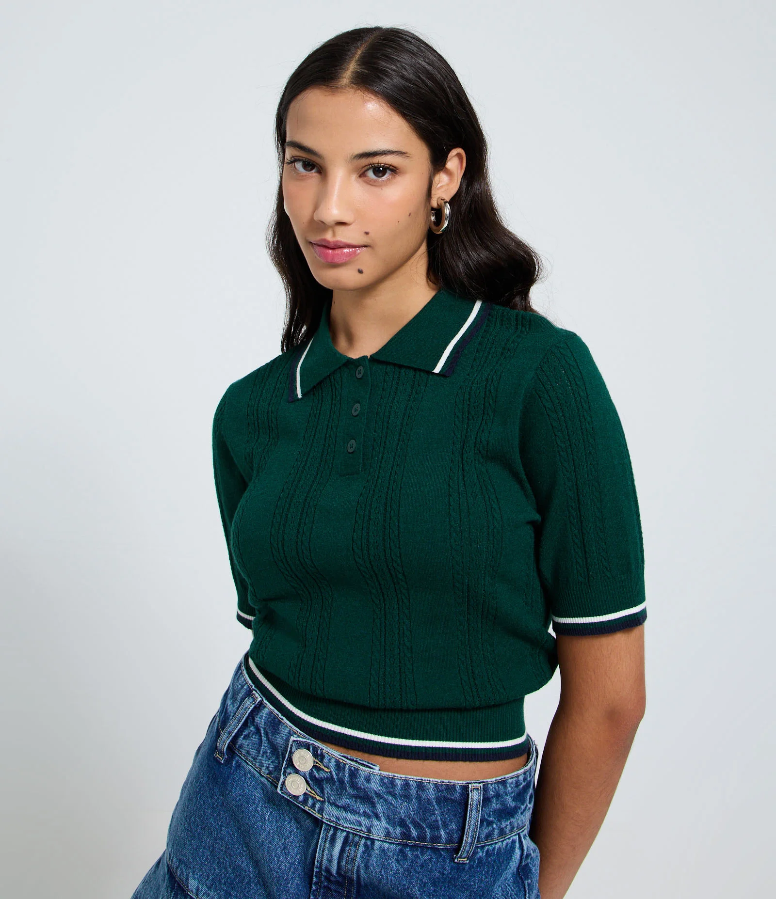 Blusa Polo em Tricô com Mix de Pontos e Listras Contrastantes Verde 1