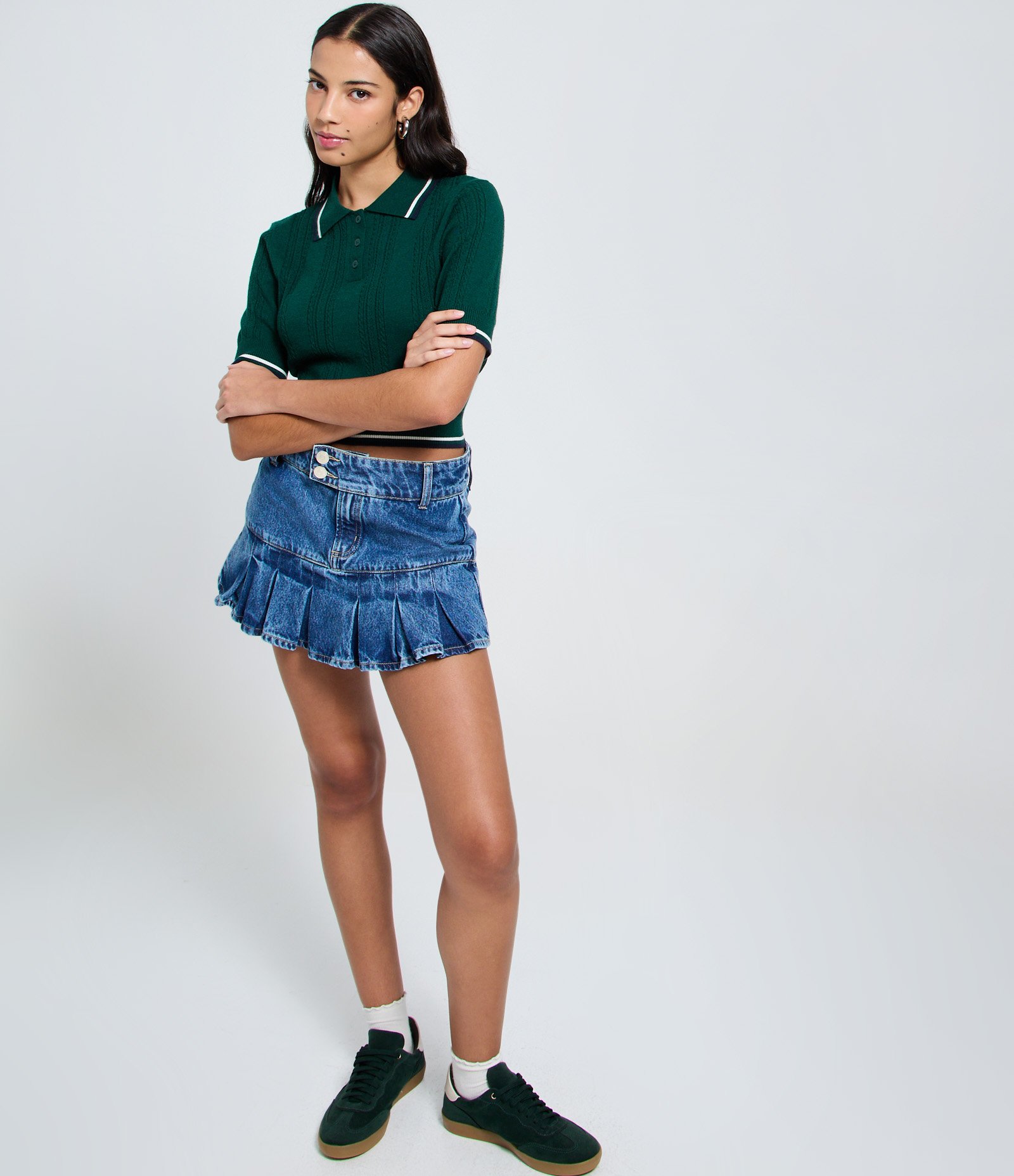 Blusa Polo em Tricô com Mix de Pontos e Listras Contrastantes Verde 2