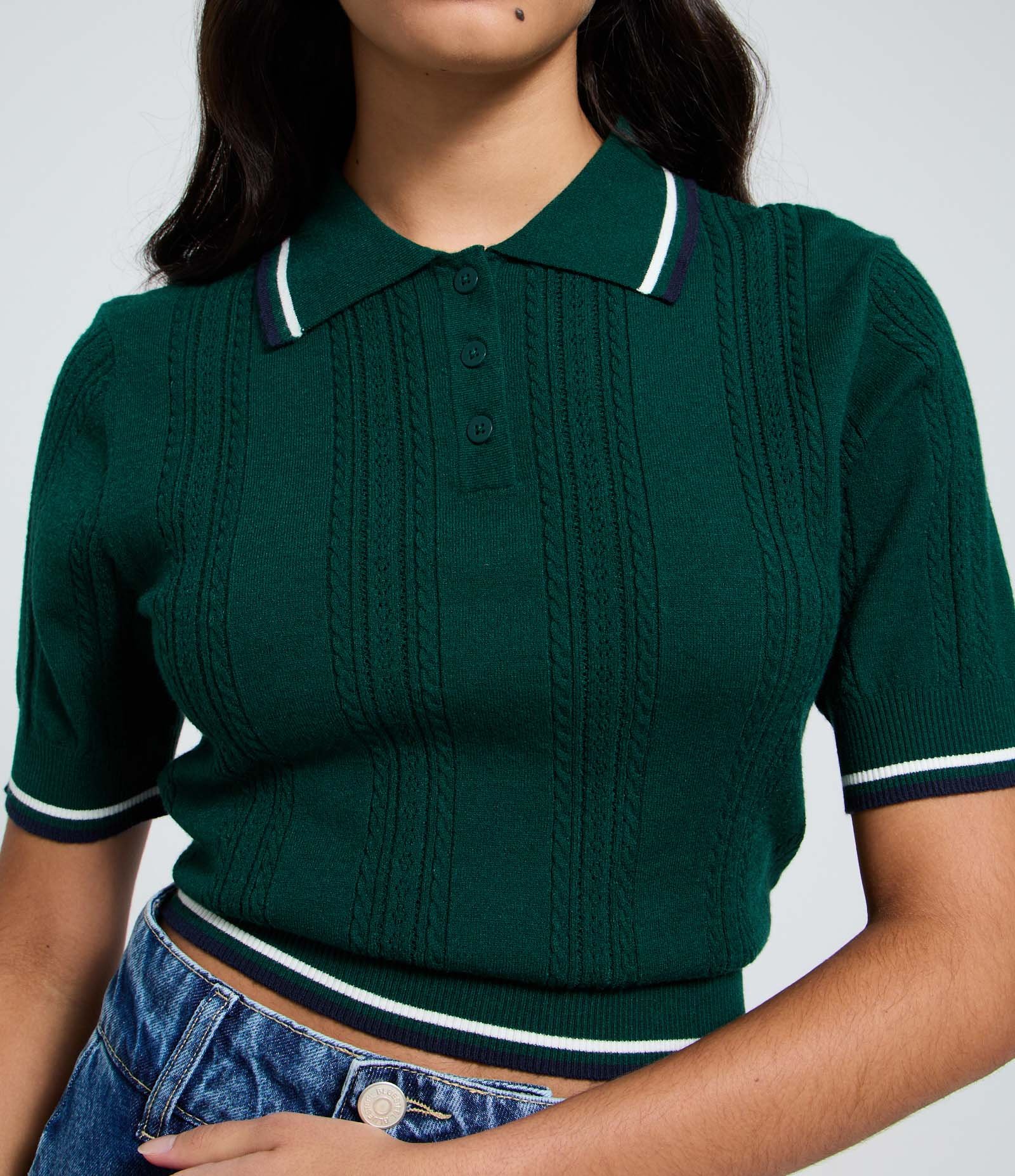 Blusa Polo em Tricô com Mix de Pontos e Listras Contrastantes Verde 3