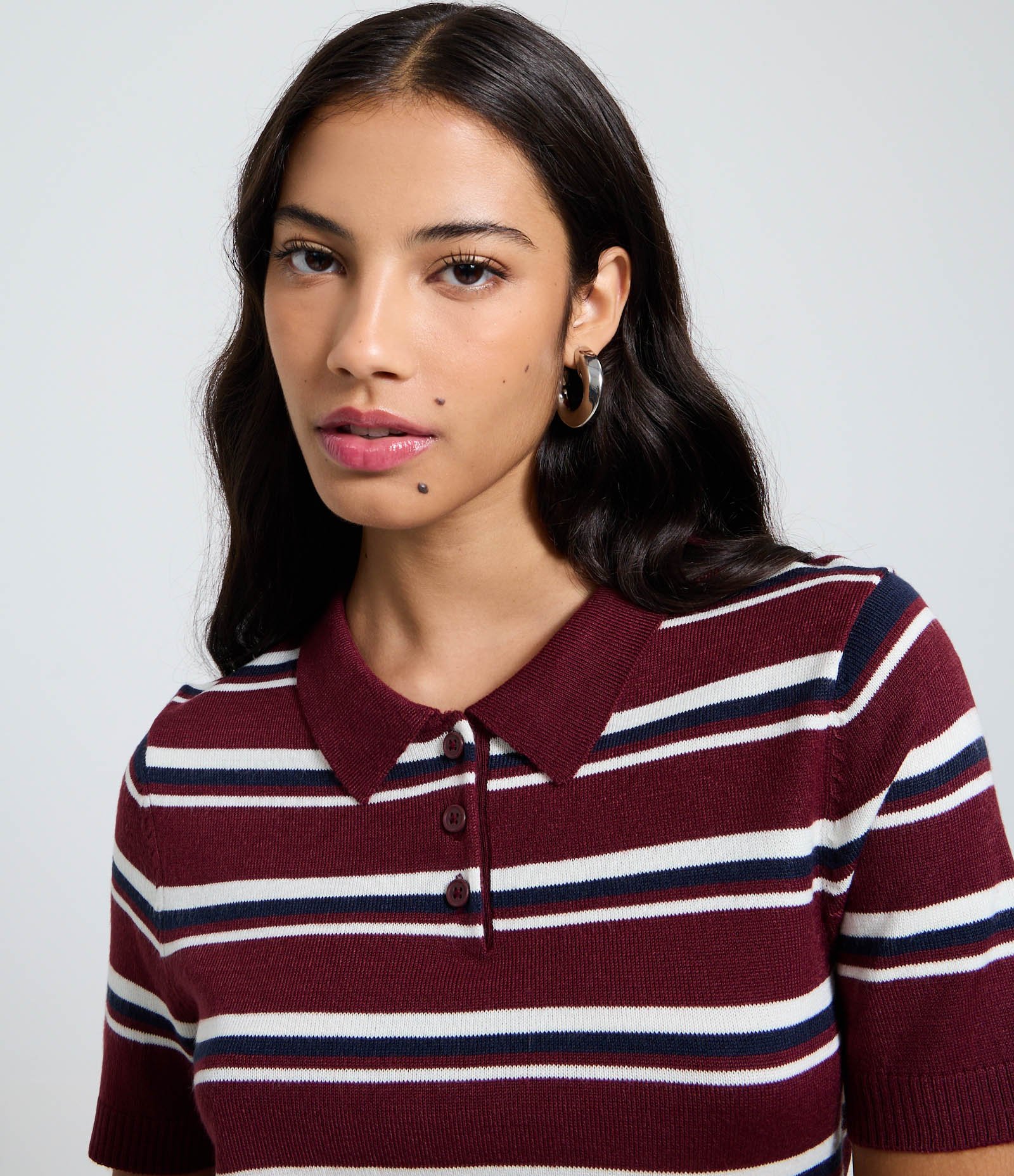 Blusa em Tricô Listrado e Gola Polo Vinho 4