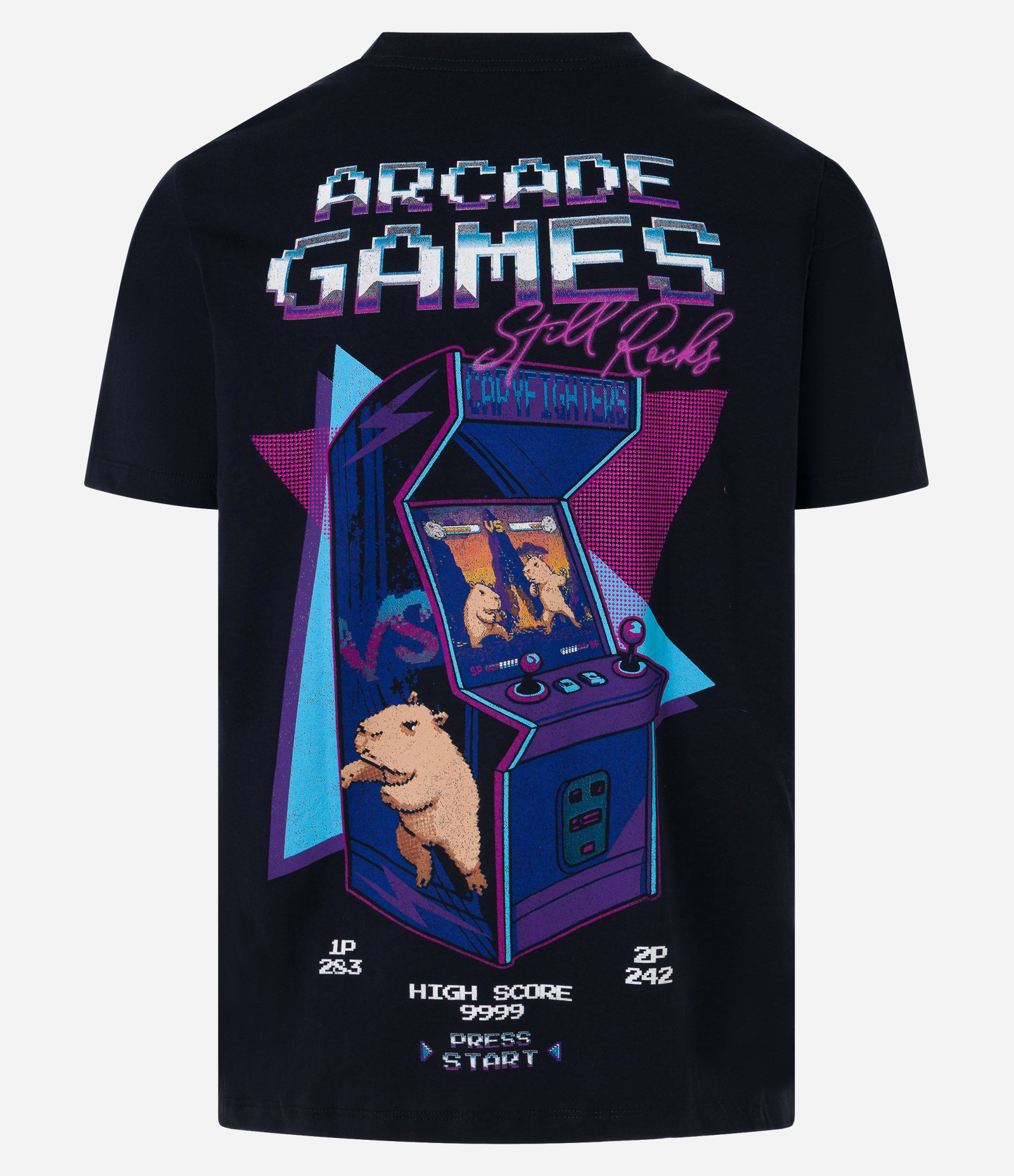 Camiseta Regular em Algodão com Estampa de Capivara e Lettering Arcade Games Preto 7
