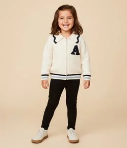 Jaqueta Infantil em Efeito Tricô com Babado na Gola e Bordado – Tam 1 a 5/6 Anos