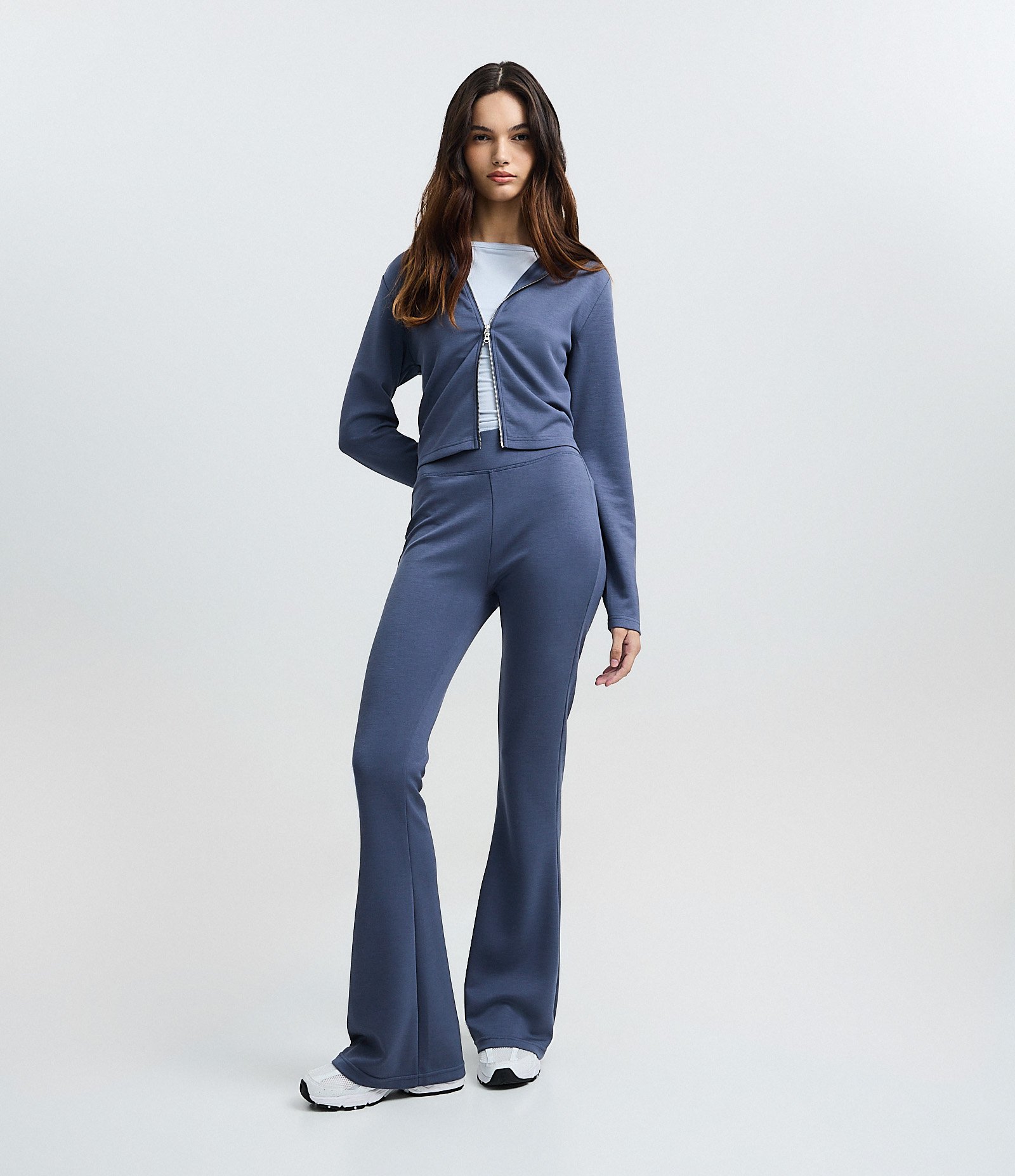 Calça Flare em Microfibra com Cós Largo Azul 1