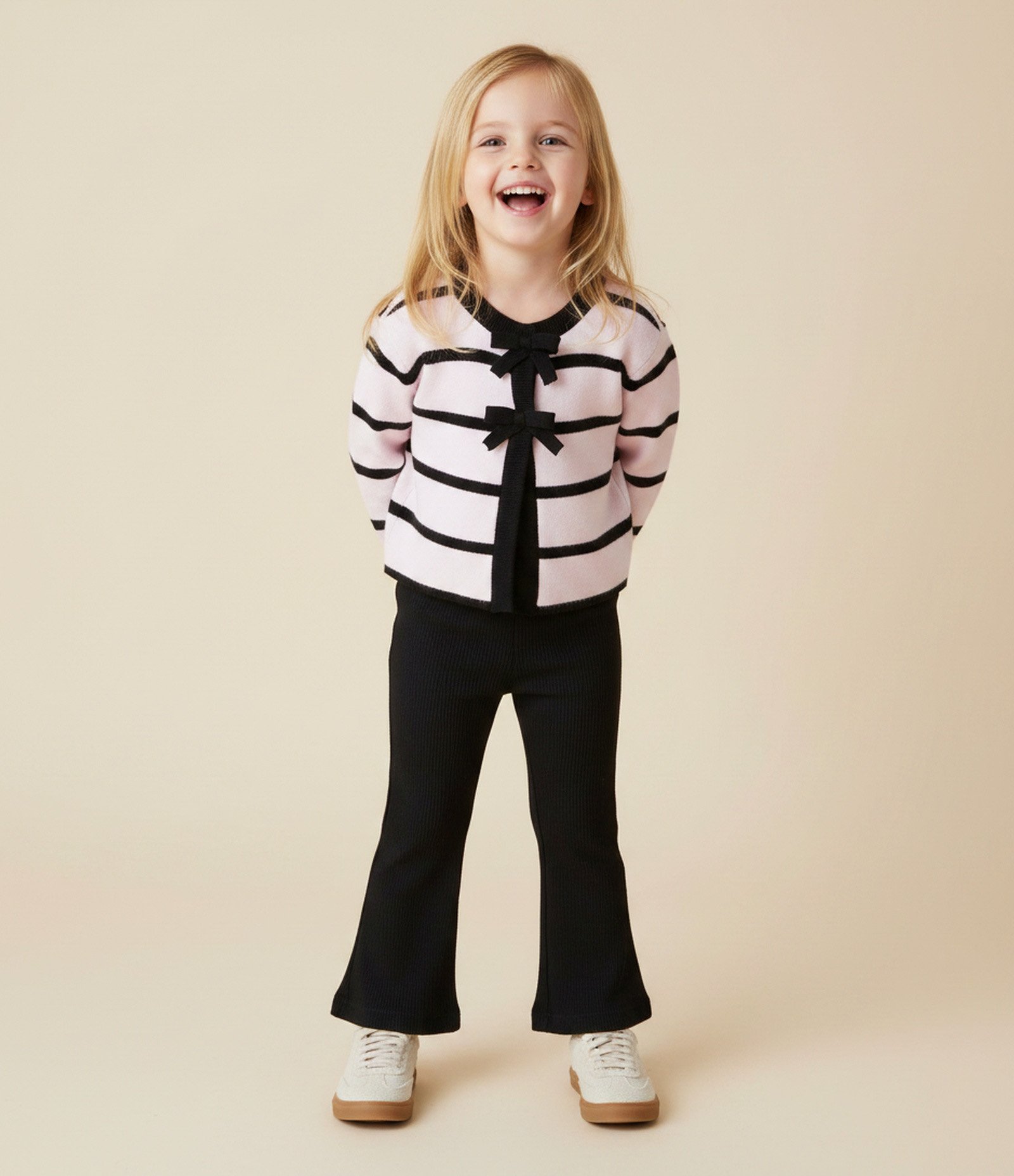 Casaco Infantil em Efeito Tricô com Listras e Laços Frontais – Tam 1 a 6 Anos Preto/Rosa Claro 1