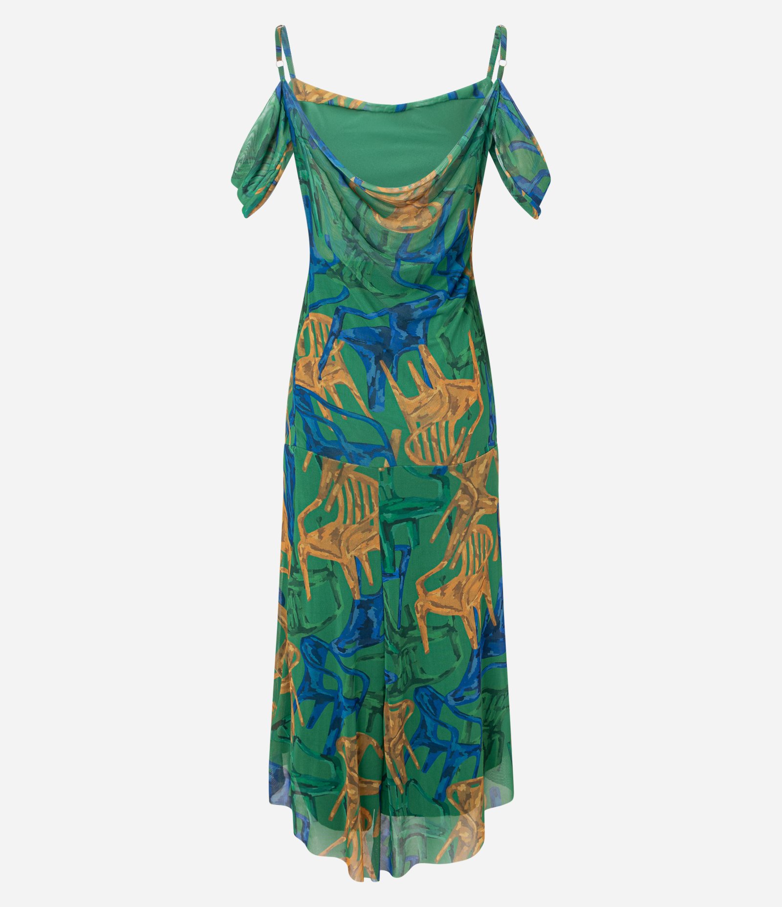 Vestido Long Midi Evasê em Tule com Estampa de Cadeiras Verde/Laranja/Azul 7