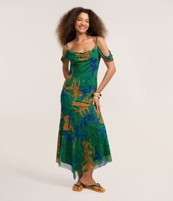 Vestido Long Midi Evasê em Tule com Estampa de Cadeiras