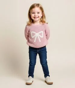 Suéter Infantil em Efeito Tricô com Bordado de Laço – Tam 1 a 5/6 Anos