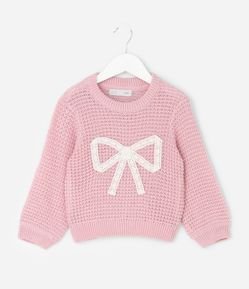 Suéter Infantil em Efeito Tricô com Bordado de Laço – Tam 1 a 5/6 Anos
