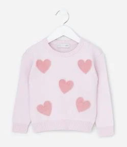 Suéter Infantil em Efeito Tricô com Corações Aplicados – Tam 1 a 5/6 Anos