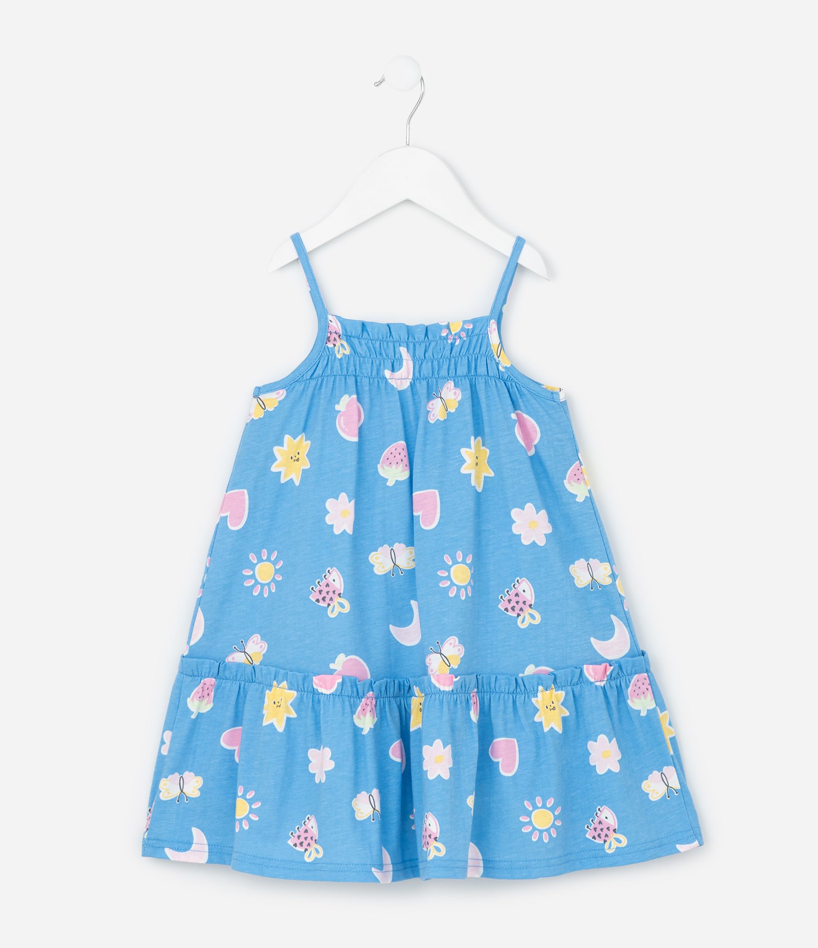 Vestido Infantil em Algodão com Estampa de Frutinhas - Tam 1 a 6 Anos Azul 2