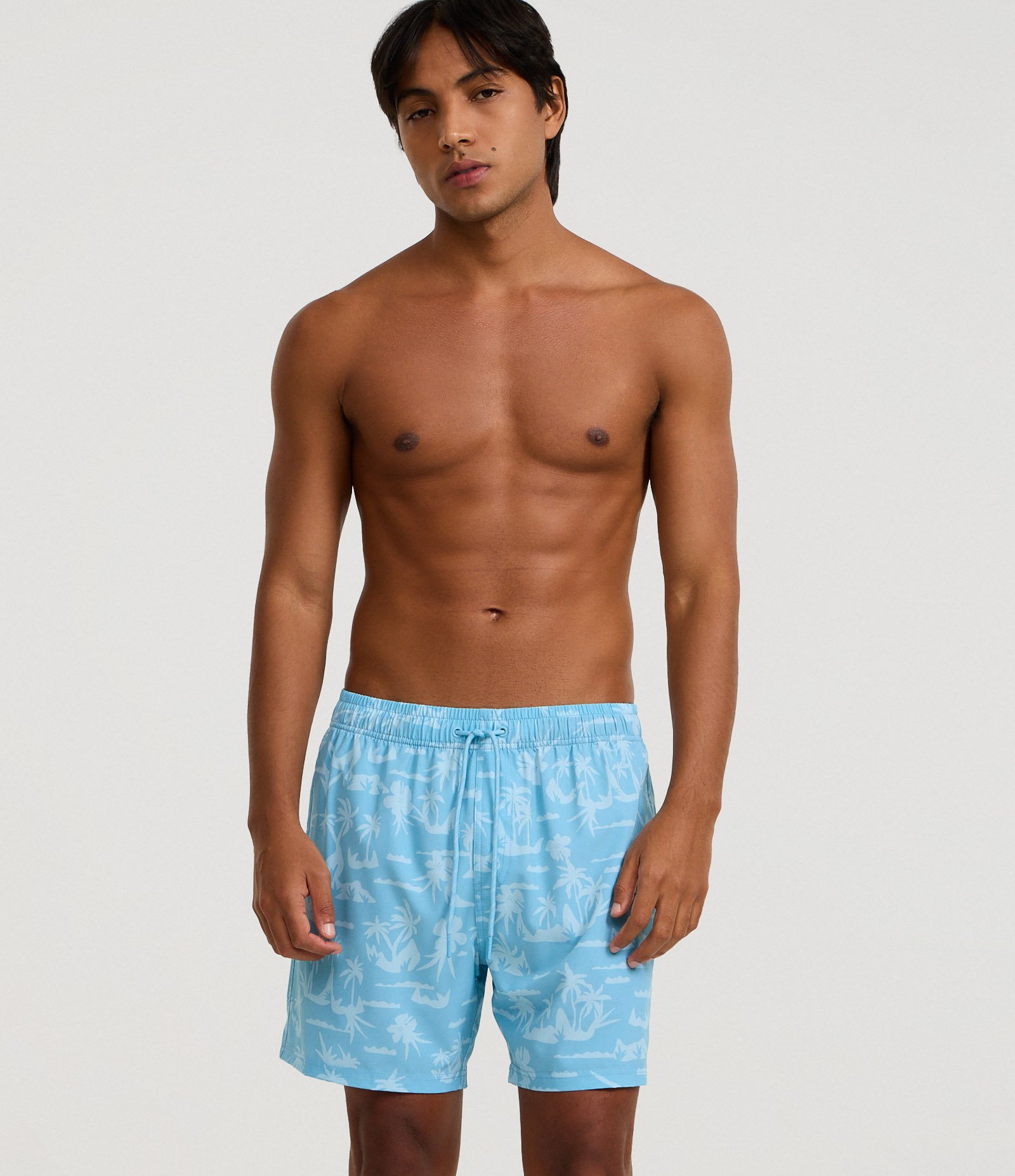 Bermuda de Banho em Microfibra com Estampa de Coqueiros Azul 1