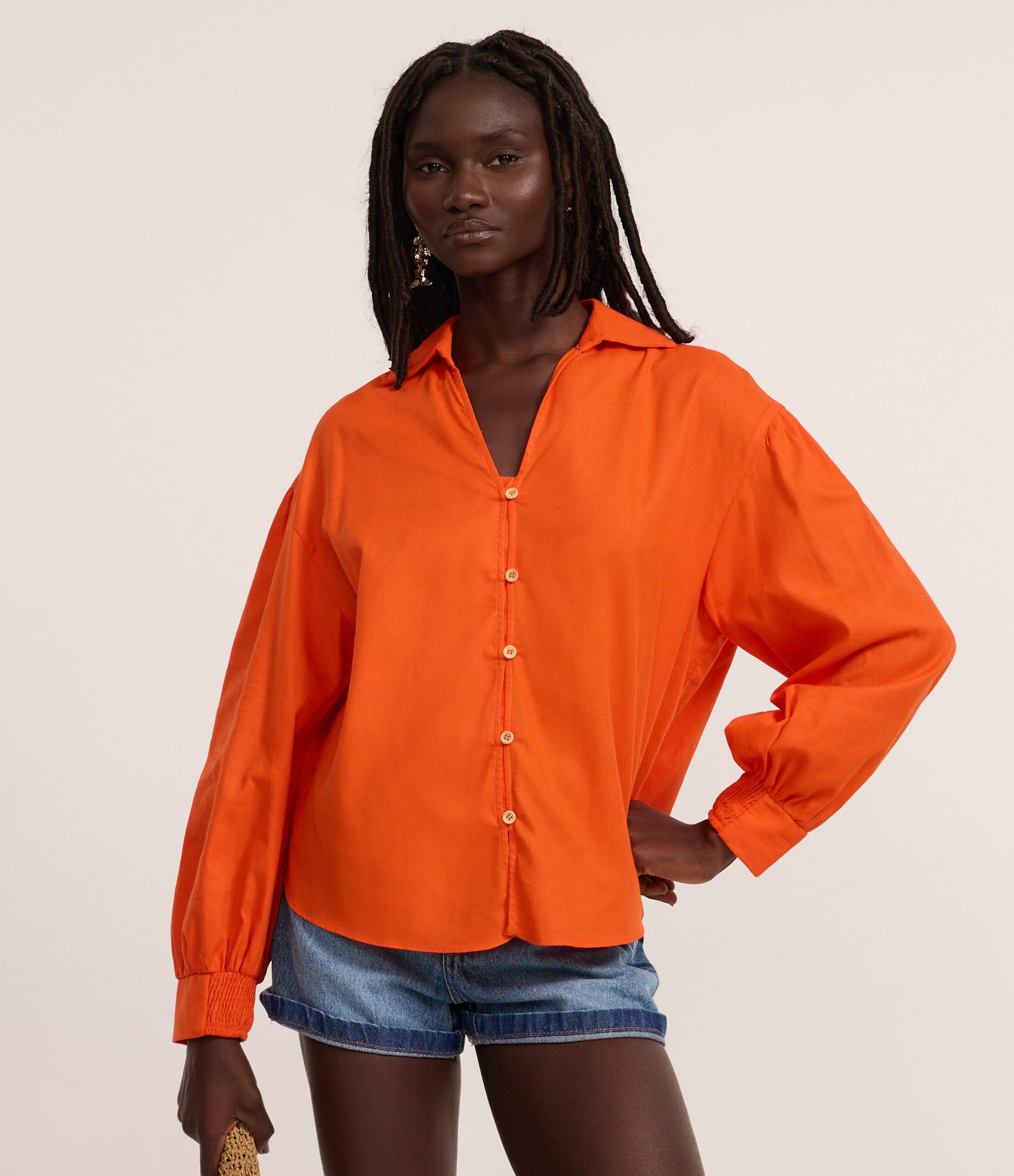 Camisa Oversized Alongada em Viscolinho Laranja 1