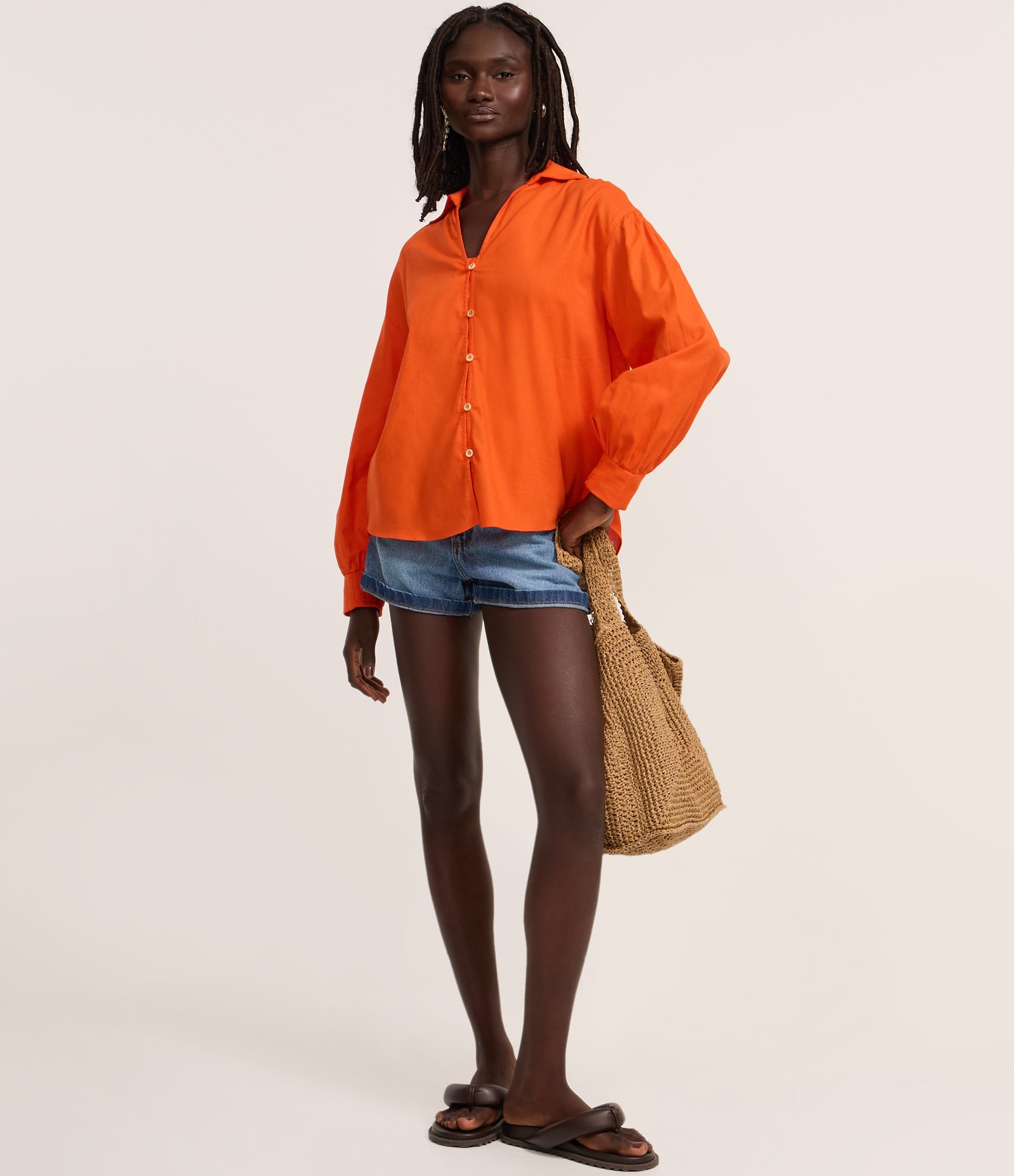 Camisa Oversized Alongada em Viscolinho Laranja 2