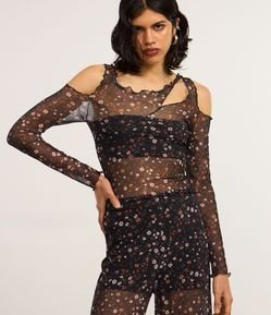 Blusa em Tule Floral com Cut Out e Borda Frufu