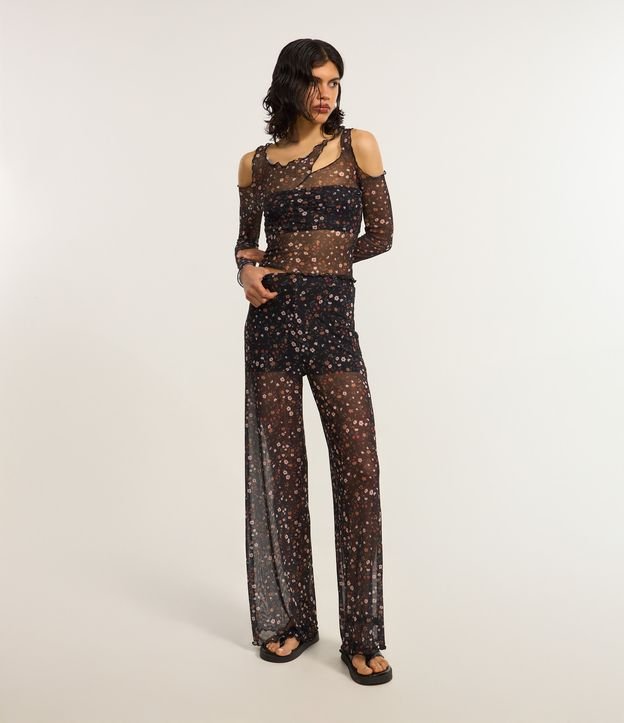 Calça Reta em Tule com Estampa Floral