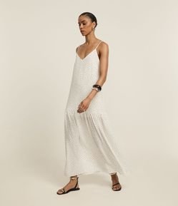 Vestido Evasê Longo em Crepe com Babados e Estampa Poá