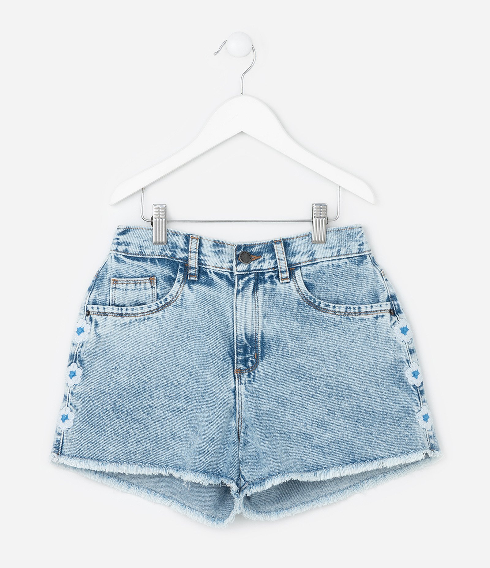 Short Jeans Infantil com Bordado de Flor e Marmorizado - Tam 5 a 14 Anos Azul 2
