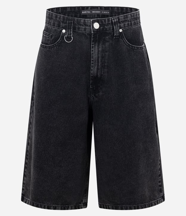 Bermuda Mega Baggy em Jeans com Argola no Cós e Efeito Marmorizado