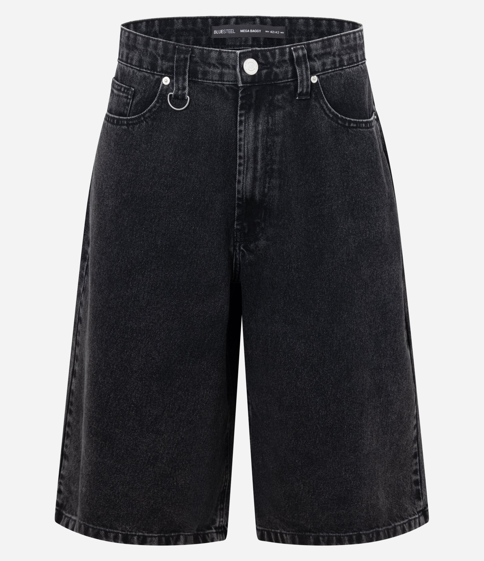 Bermuda Mega Baggy em Jeans com Argola no Cós e Efeito Marmorizado Preto 1