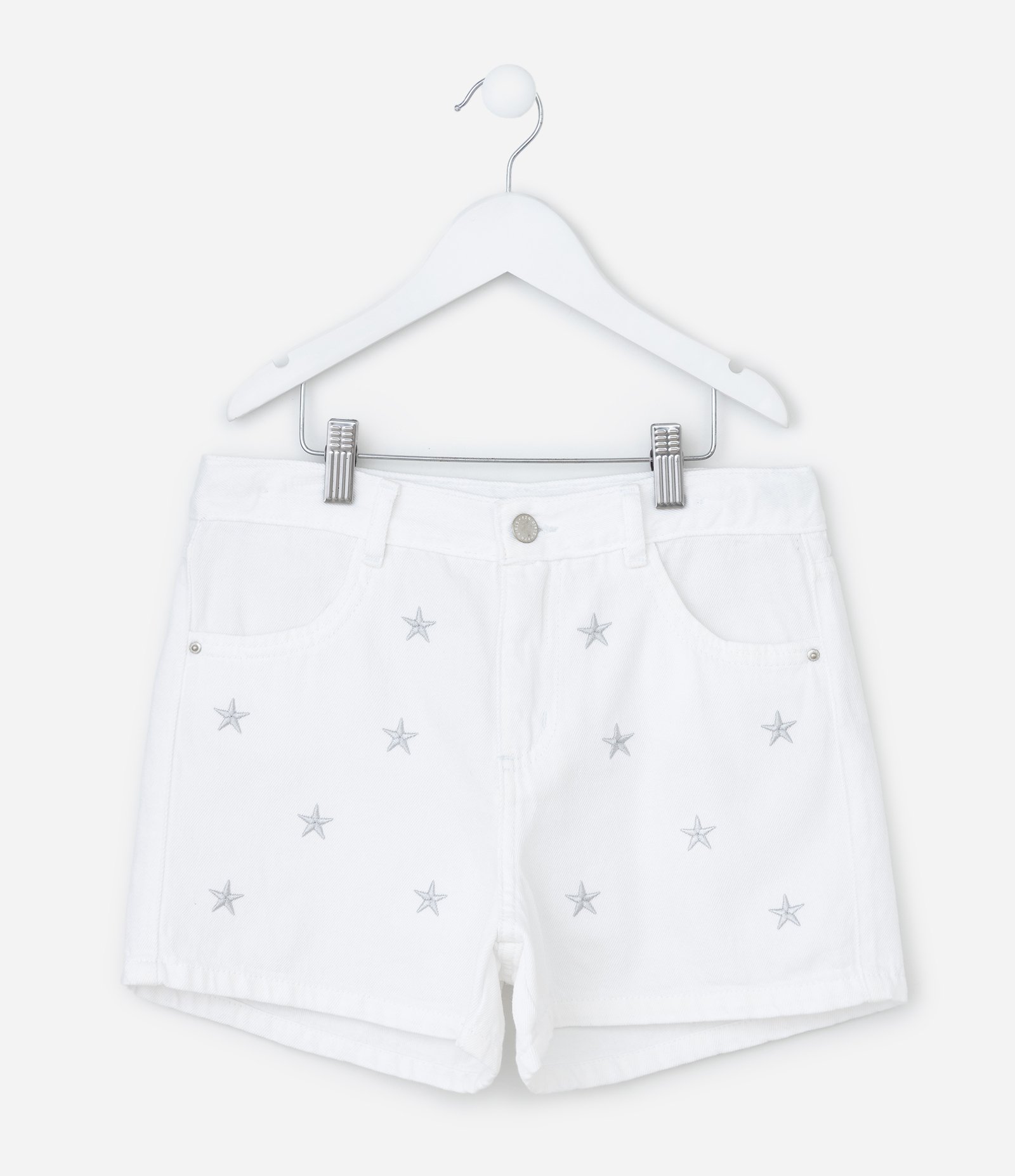 Short Infantil Regular em Jeans com Bordado de Estrelas - Tam 5 a 14 Anos Branco 1