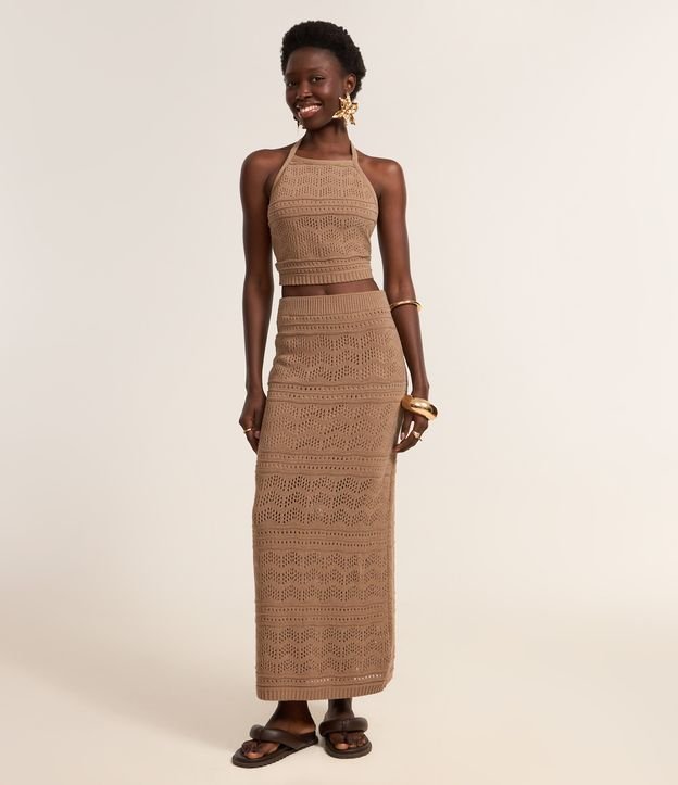 Saia Ajustada Long Midi em Tricô com Mix de Pontos