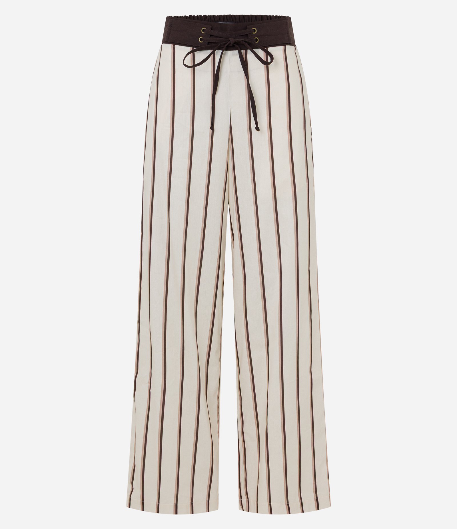Calça Wide Leg em Tricoline Listrado com Cós Contrastante e Amarração Off White 7