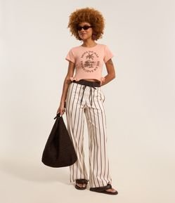 Calça Wide Leg em Tricoline Listrado com Cós Contrastante e Amarração
