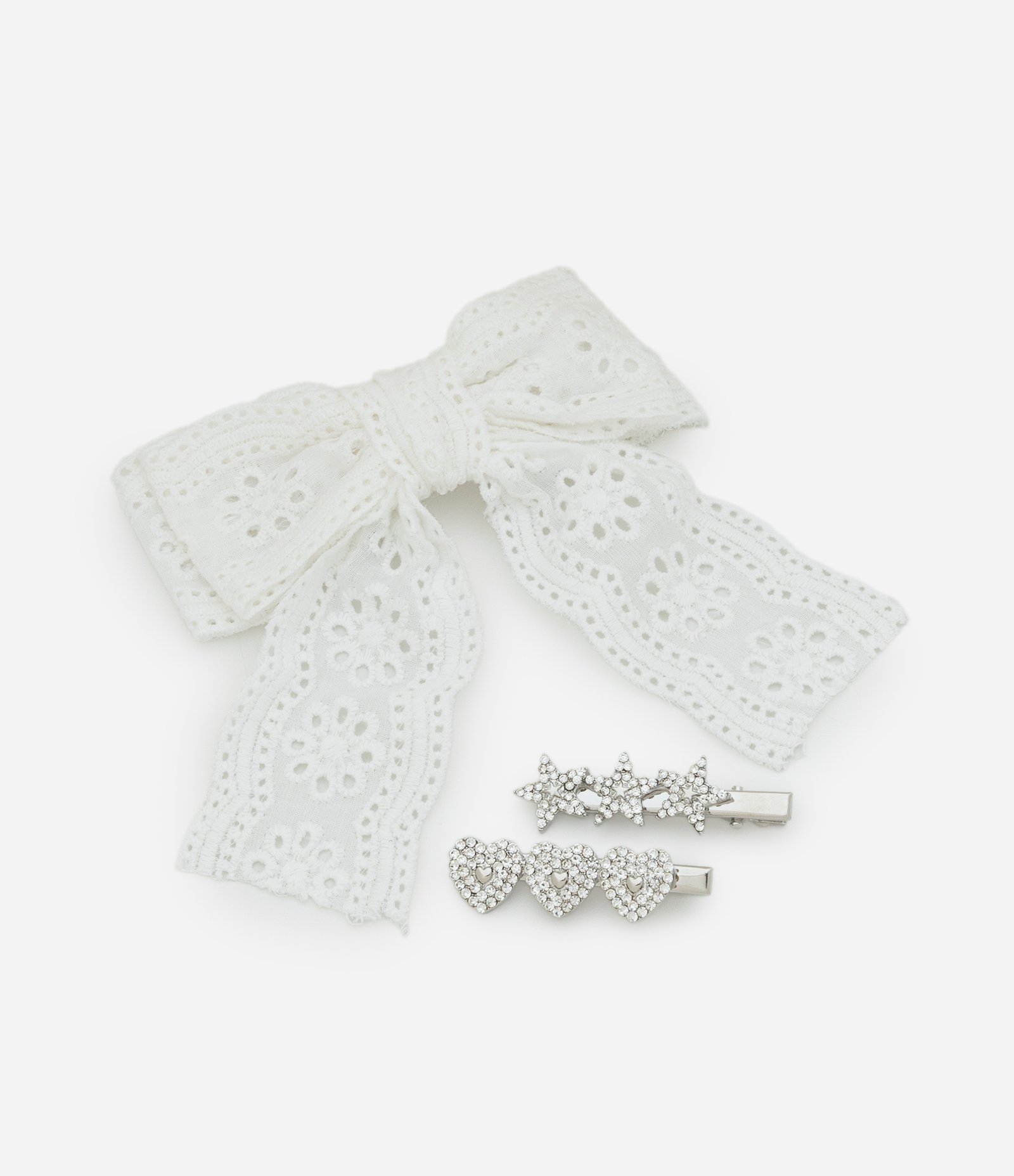 Kit 03 Presilhas de Cabelo Infantil com Detalhes de Strass e Laço de Broderie Branco/Prata 1