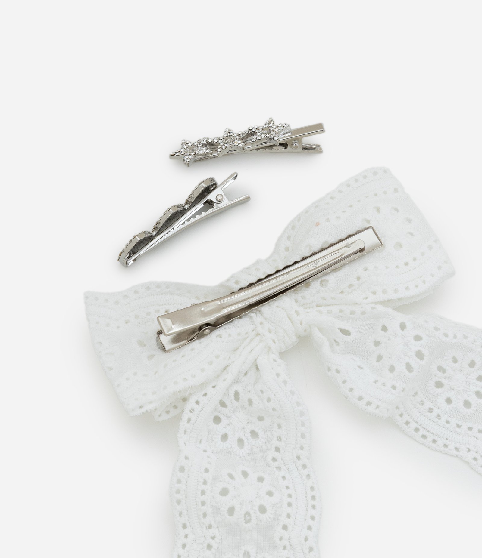 Kit 03 Presilhas de Cabelo Infantil com Detalhes de Strass e Laço de Broderie Branco/Prata 2