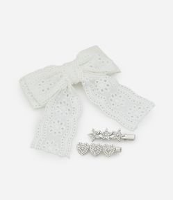 Kit 03 Presilhas de Cabelo Infantil com Detalhes de Strass e Laço de Broderie