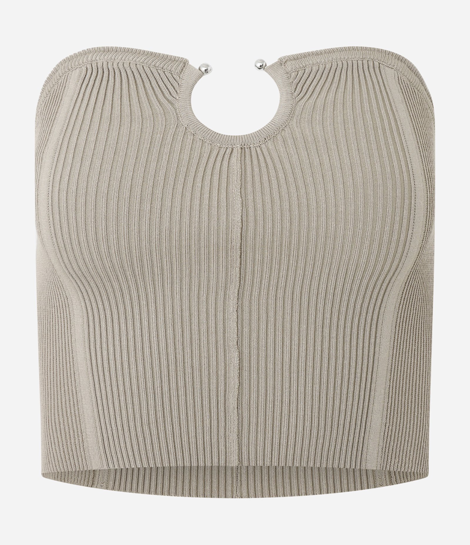 Blusa Tomara que Caia em Tricô com Aviamento no Busto Bege 1