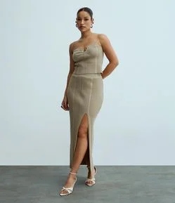 Saia Long Midi em Tricô com Fenda Frontal