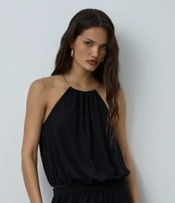 Body Frente Única em Microfibra com Tule e Aviamento Colar