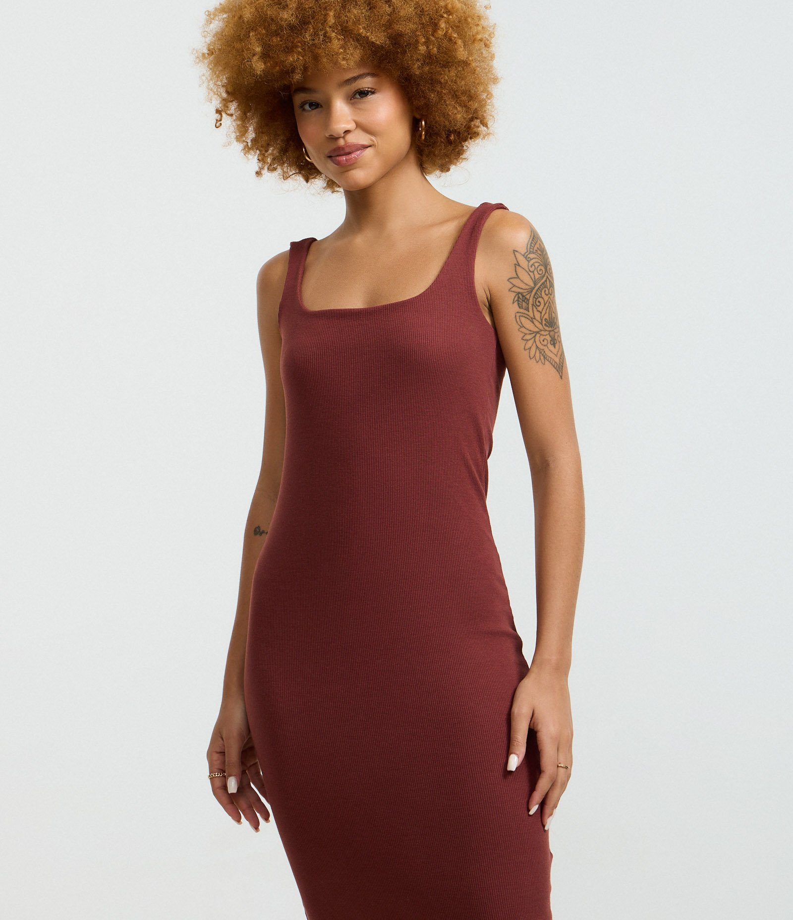 Vestido Midi em Ribana com Decote Quadrado Marrom 5