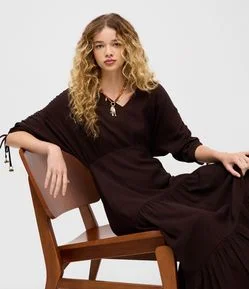 Vestido Manga Curta em Viscolinho com Amarração e Textura Crinckle