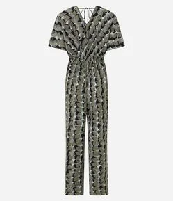 Macacão Pantalona em Crepe com Estampa Geométrica e Amarração nas costas