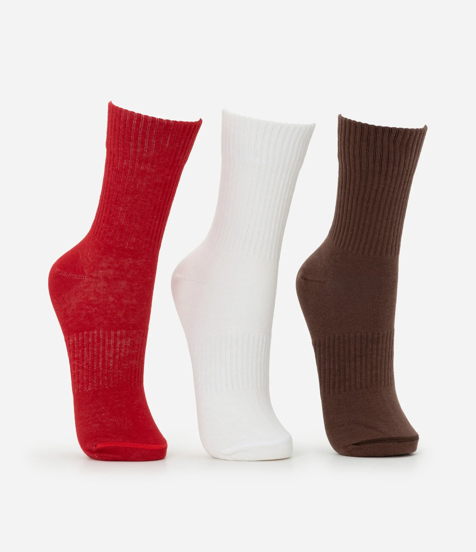 Kit 03 Meias Cano Médio Esportivo em Algodão Canelado Vermelho/Branco/Marrom 2