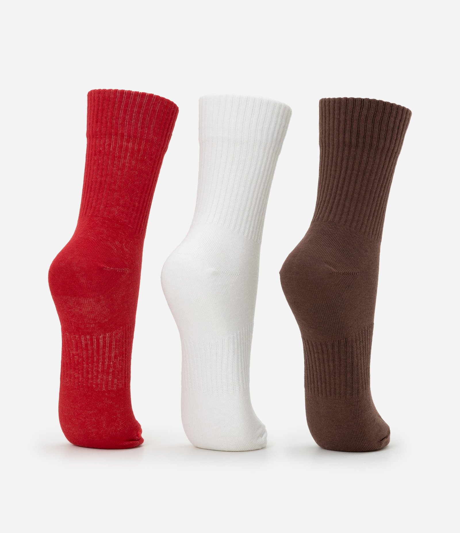 Kit 03 Meias Cano Médio Esportivo em Algodão Canelado Vermelho/Branco/Marrom 3