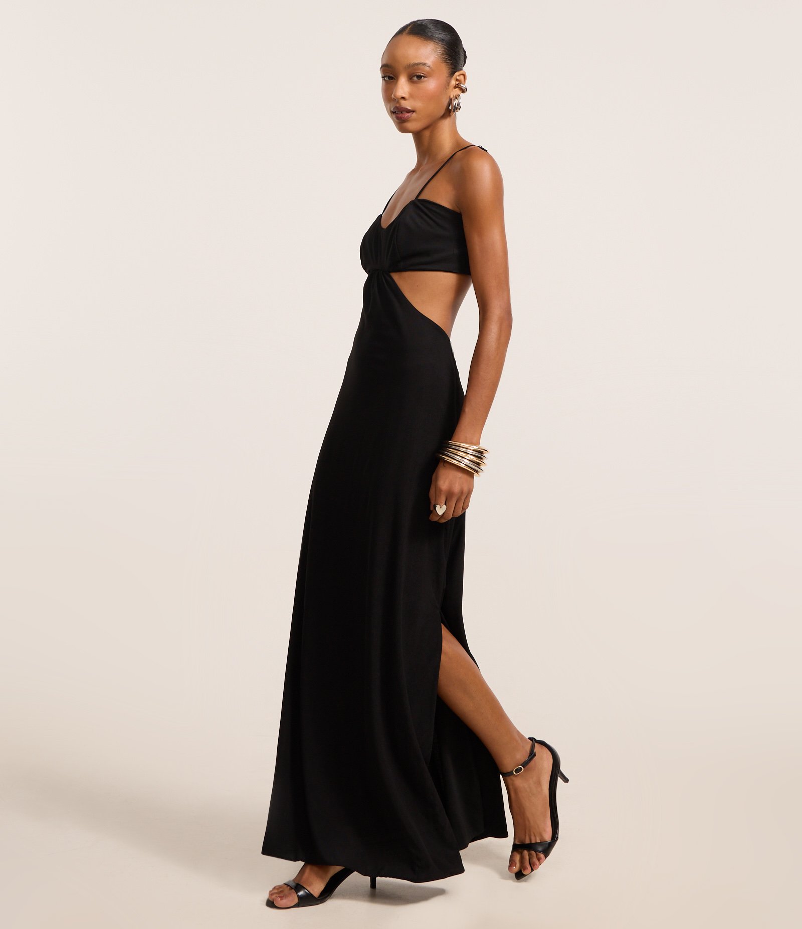 Vestido Ajustado New Midi em Tule com Vazado Preto 1