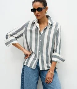 Camisa Manga Longa em Viscolinho com Estampa Listrada