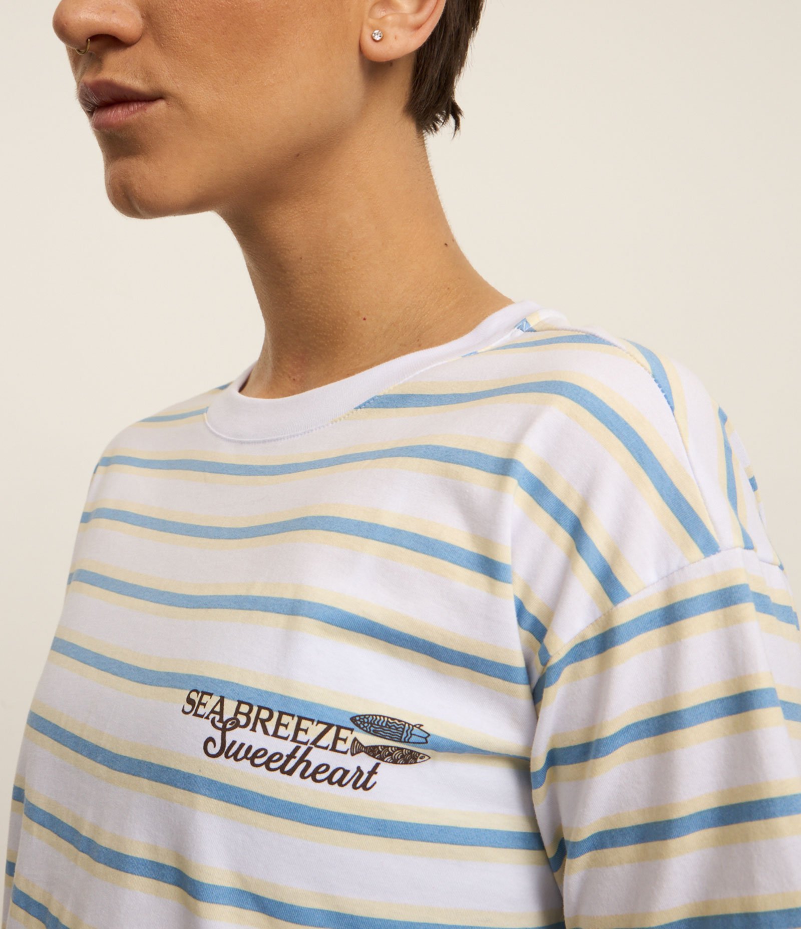 Camiseta Boxy Esportiva em Algodão com Estampa Listrada Branco/Azul 3