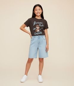 Bermuda Jorts Infantil em Jeans com Aplicação de Brilhos Laterais - Tam 5 a 14 Anos