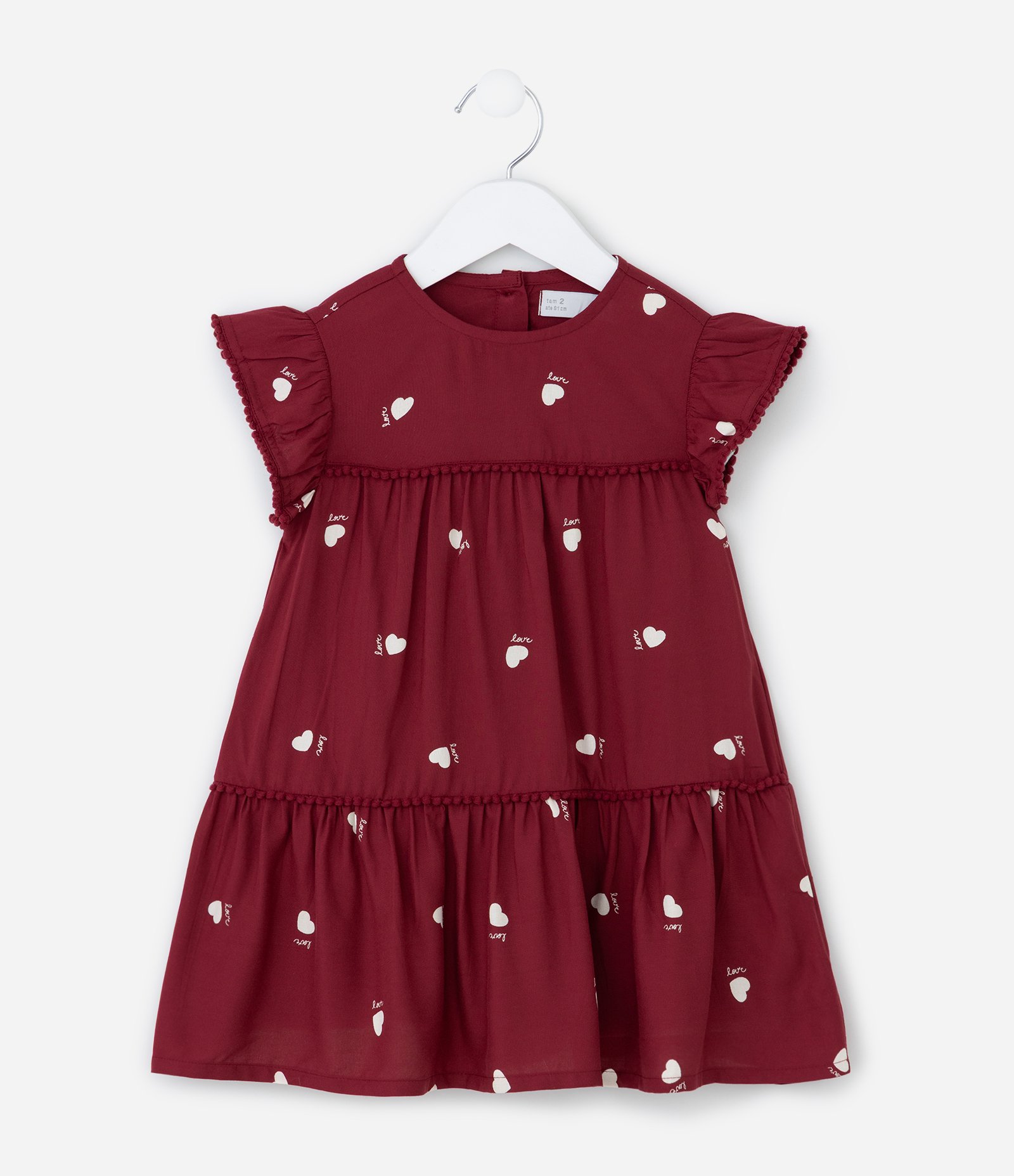 Vestido Infantil com Babados e Estampa de Corações - Tam 1 a 6 Anos Vermelho 1