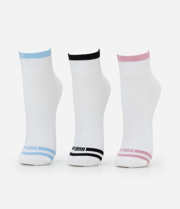 Kit 03 Meias Cano Baixo Esportivas em Algodão com Listra e Ponteira Colorida Puma